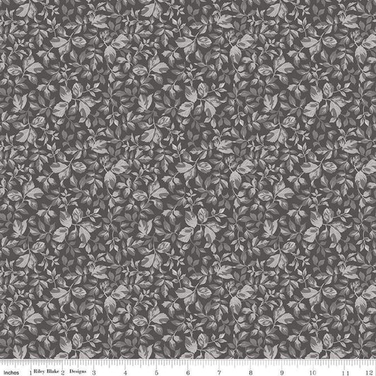 Image of Ivory & Ink Leaves Charcoal quilting cotton fabric by The RBD Designers for Riley Blake Designs. Features leaves on a gray background. Cute Little Fabric Shop