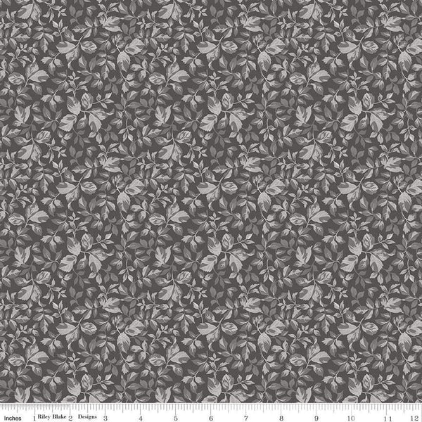 Image of Ivory & Ink Leaves Charcoal quilting cotton fabric by The RBD Designers for Riley Blake Designs. Features leaves on a gray background. Cute Little Fabric Shop