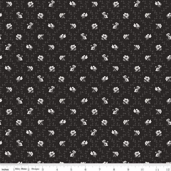 Image of Ivory & Ink Trellis Ink quilting cotton fabric by The RBD Designers for Riley Blake Designs. Features flowers on a black background. Cute Little Fabric Shop