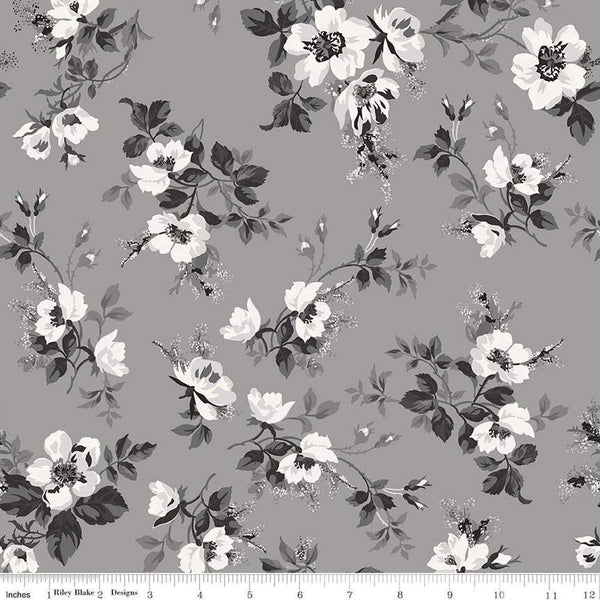 Image of Ivory & Ink Main Gray quilting cotton fabric by The RBD Designers for Riley Blake Designs. Features flowers on a gray background. Cute Little Fabric Shop