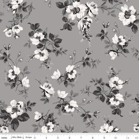 Image of Ivory & Ink Main Gray quilting cotton fabric by The RBD Designers for Riley Blake Designs. Features flowers on a gray background. Cute Little Fabric Shop
