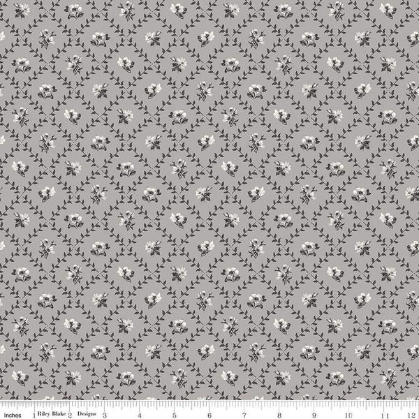 Image of Ivory & Ink Trellis Gray quilting cotton fabric by The RBD Designers for Riley Blake Designs. Features flowers on a gray background. Cute Little Fabric Shop