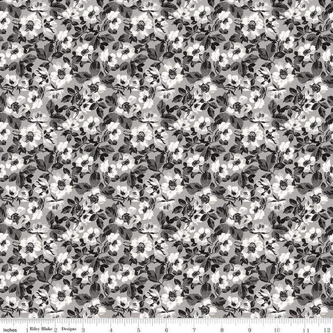 Image of Ivory & Ink Floral Gray quilting cotton fabric by The RBD Designers for Riley Blake Designs. Features flowers on a gray background. Cute Little Fabric Shop