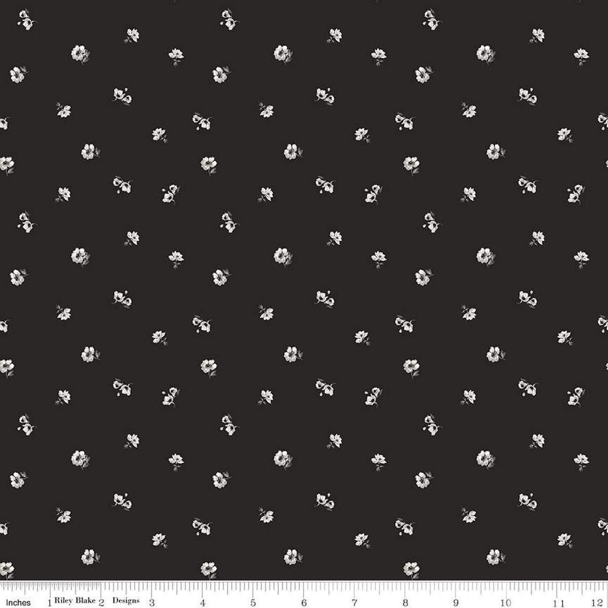 Image of Ivory & Ink Ditsy Ink quilting cotton fabric by The RBD Designers for Riley Blake Designs. Features flowers on a black background. Cute Little Fabric Shop