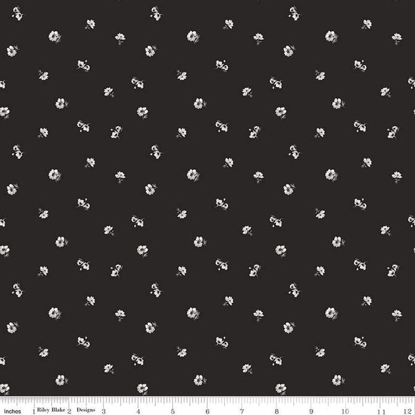 Image of Ivory & Ink Ditsy Ink quilting cotton fabric by The RBD Designers for Riley Blake Designs. Features flowers on a black background. Cute Little Fabric Shop