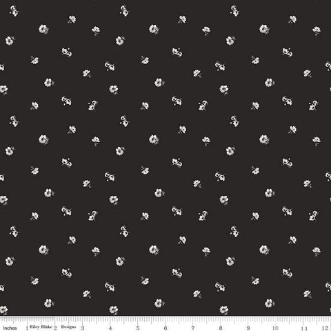 Image of Ivory & Ink Ditsy Ink quilting cotton fabric by The RBD Designers for Riley Blake Designs. Features flowers on a black background. Cute Little Fabric Shop