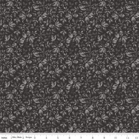 Image of Ivory & Ink Leaves Ink quilting cotton fabric by The RBD Designers for Riley Blake Designs. Features leaves on a black background. Cute Little Fabric Shop