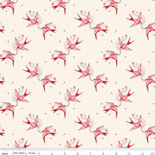 Image of Letters to Cupid Love Birds Cream quilting cotton fabric by My Mind's Eye for Riley Blake Designs. Features birds on a cream background. Cute Little Fabric Shop