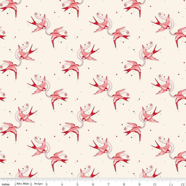 Image of Letters to Cupid Love Birds Cream quilting cotton fabric by My Mind&#39;s Eye for Riley Blake Designs. Features birds on a cream background. Cute Little Fabric Shop