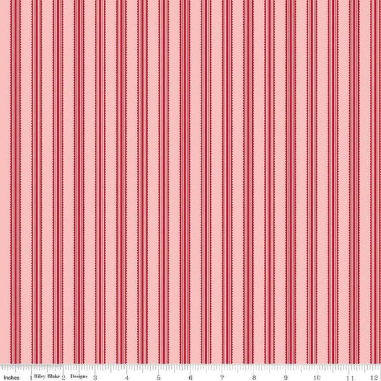 Image of Letters to Cupid Stripes Pink quilting cotton fabric by My Mind's Eye for Riley Blake Designs. Features stripes on a pink background. Cute Little Fabric Shop
