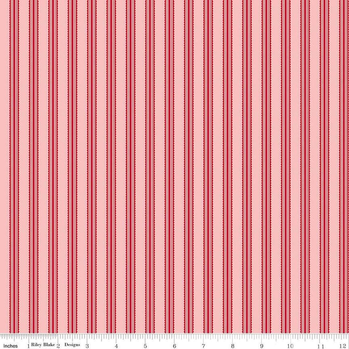 Image of Letters to Cupid Stripes Pink quilting cotton fabric by My Mind's Eye for Riley Blake Designs. Features stripes on a pink background. Cute Little Fabric Shop