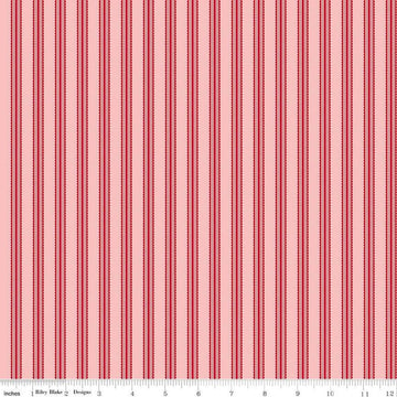 Image of Letters to Cupid Stripes Pink quilting cotton fabric by My Mind's Eye for Riley Blake Designs. Features stripes on a pink background. Cute Little Fabric Shop