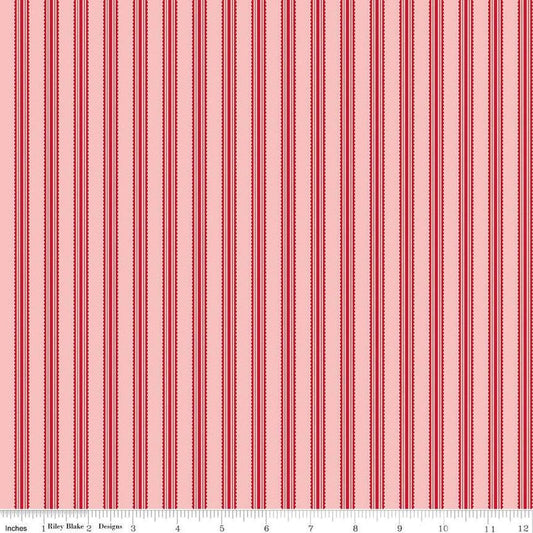 Image of Letters to Cupid Stripes Pink quilting cotton fabric by My Mind's Eye for Riley Blake Designs. Features stripes on a pink background. Cute Little Fabric Shop