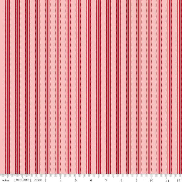 Image of Letters to Cupid Stripes Pink quilting cotton fabric by My Mind&#39;s Eye for Riley Blake Designs. Features stripes on a pink background. Cute Little Fabric Shop
