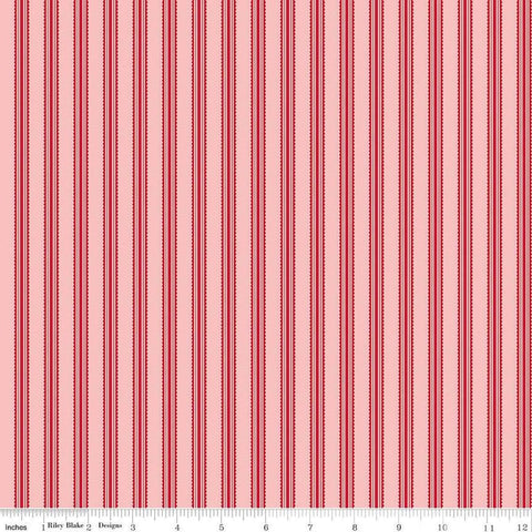 Image of Letters to Cupid Stripes Pink quilting cotton fabric by My Mind&#39;s Eye for Riley Blake Designs. Features stripes on a pink background. Cute Little Fabric Shop