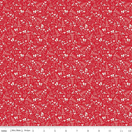 Image of Letters to Cupid Ditsy Floral Red quilting cotton fabric by My Mind's Eye for Riley Blake Designs. Features flowers on a red background. Cute Little Fabric Shop