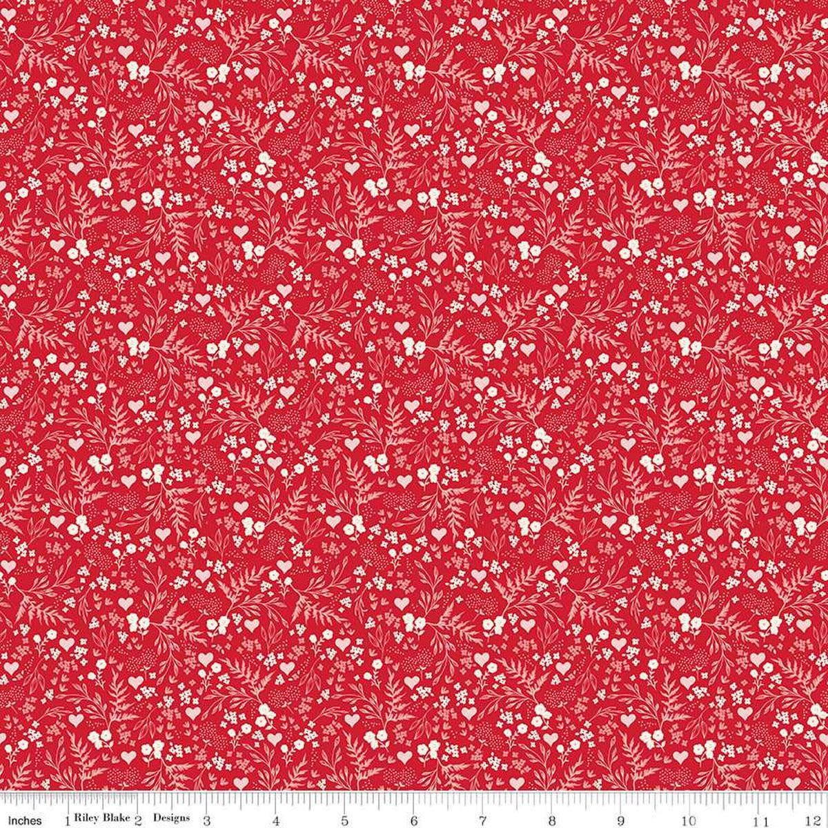 Image of Letters to Cupid Ditsy Floral Red quilting cotton fabric by My Mind's Eye for Riley Blake Designs. Features flowers on a red background. Cute Little Fabric Shop