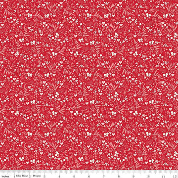 Image of Letters to Cupid Ditsy Floral Red quilting cotton fabric by My Mind's Eye for Riley Blake Designs. Features flowers on a red background. Cute Little Fabric Shop
