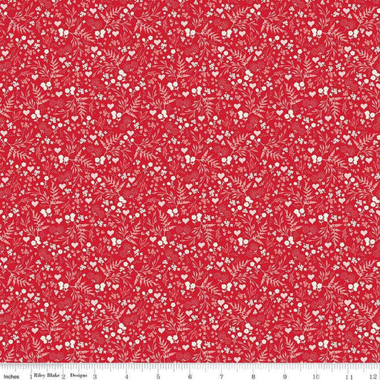 Image of Letters to Cupid Ditsy Floral Red quilting cotton fabric by My Mind's Eye for Riley Blake Designs. Features flowers on a red background. Cute Little Fabric Shop