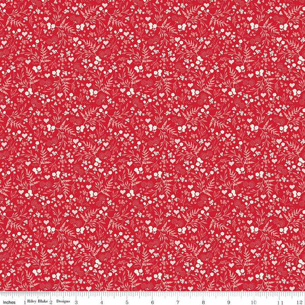Image of Letters to Cupid Ditsy Floral Red quilting cotton fabric by My Mind&#39;s Eye for Riley Blake Designs. Features flowers on a red background. Cute Little Fabric Shop