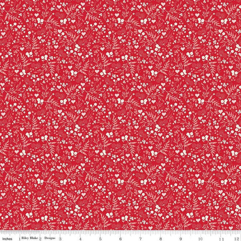 Image of Letters to Cupid Ditsy Floral Red quilting cotton fabric by My Mind&#39;s Eye for Riley Blake Designs. Features flowers on a red background. Cute Little Fabric Shop