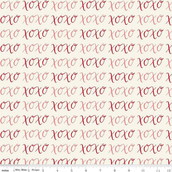 Image of Letters to Cupid XOXO Cream quilting cotton fabric by My Mind's Eye for Riley Blake Designs. Features writing on a cream background. Cute Little Fabric Shop