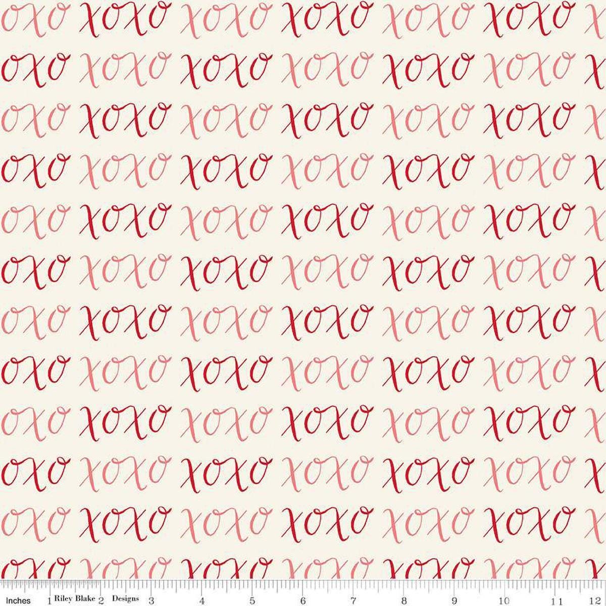 Image of Letters to Cupid XOXO Cream quilting cotton fabric by My Mind's Eye for Riley Blake Designs. Features writing on a cream background. Cute Little Fabric Shop