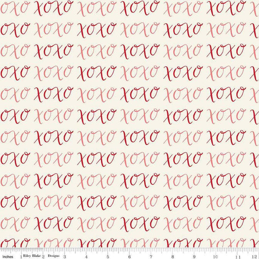 Image of Letters to Cupid XOXO Cream quilting cotton fabric by My Mind's Eye for Riley Blake Designs. Features writing on a cream background. Cute Little Fabric Shop