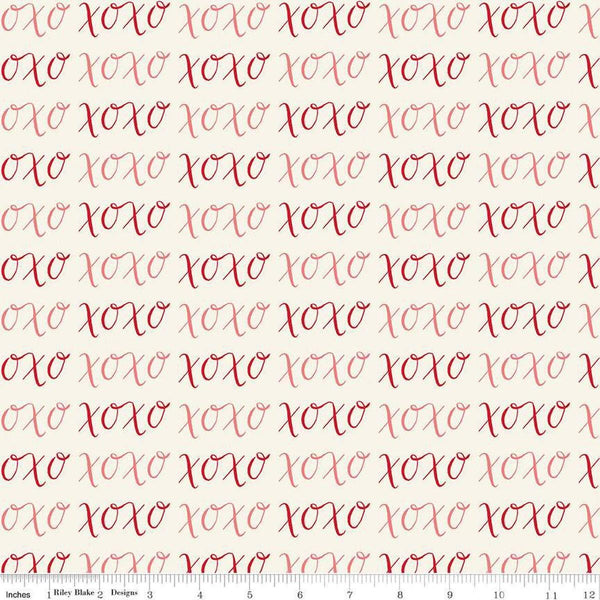 Image of Letters to Cupid XOXO Cream quilting cotton fabric by My Mind&#39;s Eye for Riley Blake Designs. Features writing on a cream background. Cute Little Fabric Shop