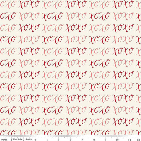 Image of Letters to Cupid XOXO Cream quilting cotton fabric by My Mind&#39;s Eye for Riley Blake Designs. Features writing on a cream background. Cute Little Fabric Shop