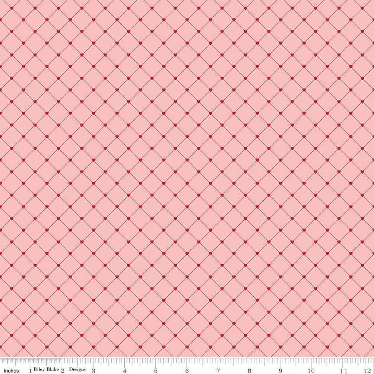 Image of Letters to Cupid Crisscross Pink quilting cotton fabric by My Mind's Eye for Riley Blake Designs. Features lines on a pink background. Cute Little Fabric Shop