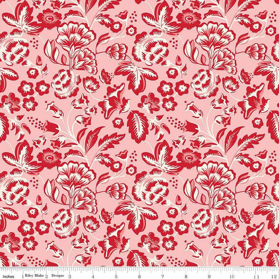Image of Letters to Cupid Main Pink quilting cotton fabric by My Mind's Eye for Riley Blake Designs. Features flowers on a pink background. Cute Little Fabric Shop
