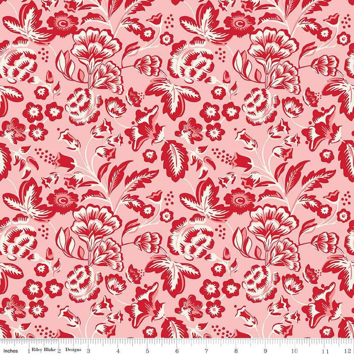 Image of Letters to Cupid Main Pink quilting cotton fabric by My Mind's Eye for Riley Blake Designs. Features flowers on a pink background. Cute Little Fabric Shop