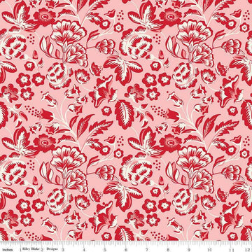Image of Letters to Cupid Main Pink quilting cotton fabric by My Mind's Eye for Riley Blake Designs. Features flowers on a pink background. Cute Little Fabric Shop