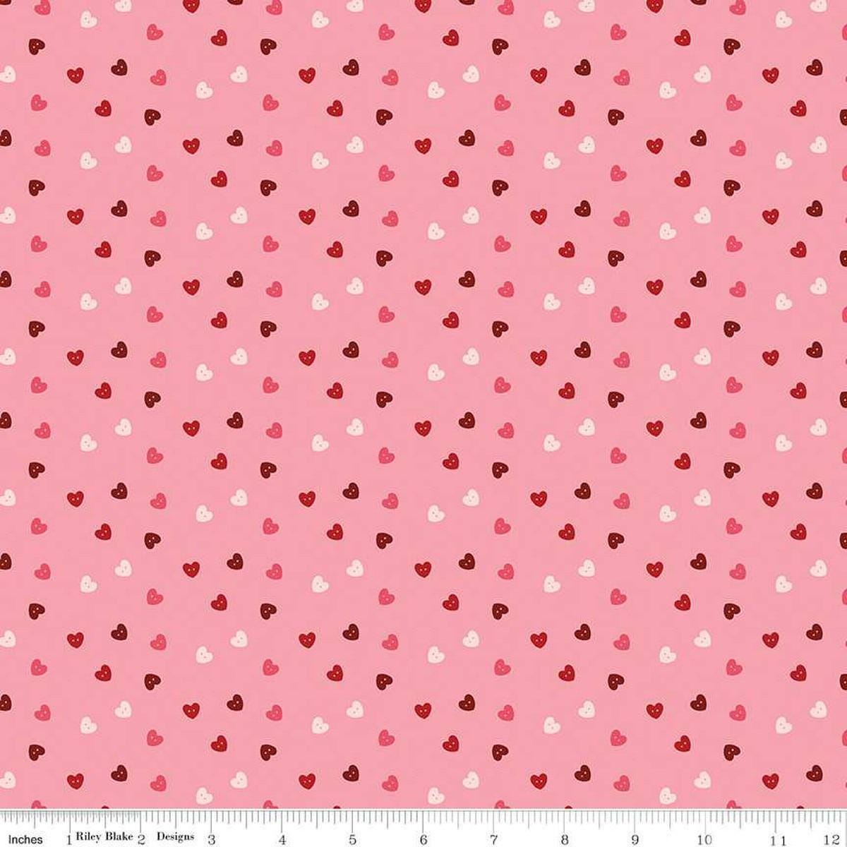 Image of Sew In Love Hearts Rose quilting cotton fabric by Dan Mogstad for Riley Blake Designs. Features hearts on a pink background. Cute Little Fabric Shop