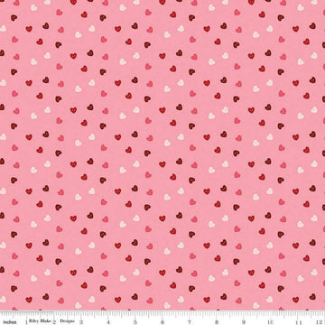 Image of Sew In Love Hearts Rose quilting cotton fabric by Dan Mogstad for Riley Blake Designs. Features hearts on a pink background. Cute Little Fabric Shop