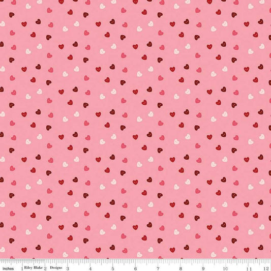 Image of Sew In Love Hearts Rose quilting cotton fabric by Dan Mogstad for Riley Blake Designs. Features hearts on a pink background. Cute Little Fabric Shop