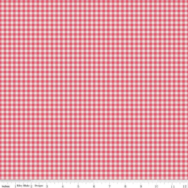 Image of Sew In Love Gingham Pink quilting cotton fabric by Dan Mogstad for Riley Blake Designs. Features plaid on a pink background. Cute Little Fabric Shop