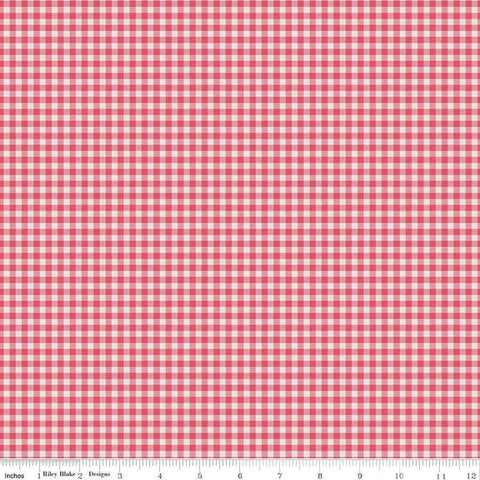 Image of Sew In Love Gingham Pink quilting cotton fabric by Dan Mogstad for Riley Blake Designs. Features plaid on a pink background. Cute Little Fabric Shop