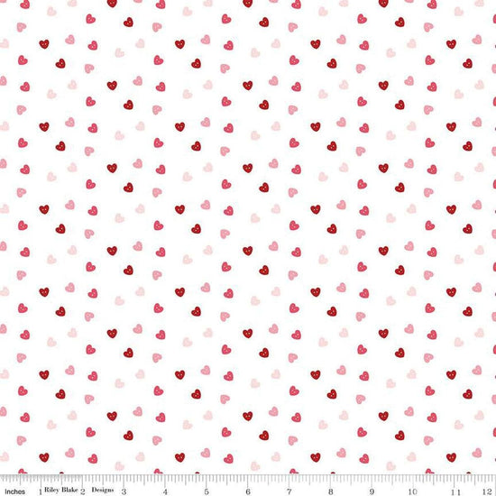 Image of Sew In Love Hearts White quilting cotton fabric by Dan Mogstad for Riley Blake Designs. Features hearts on a white background. Cute Little Fabric Shop