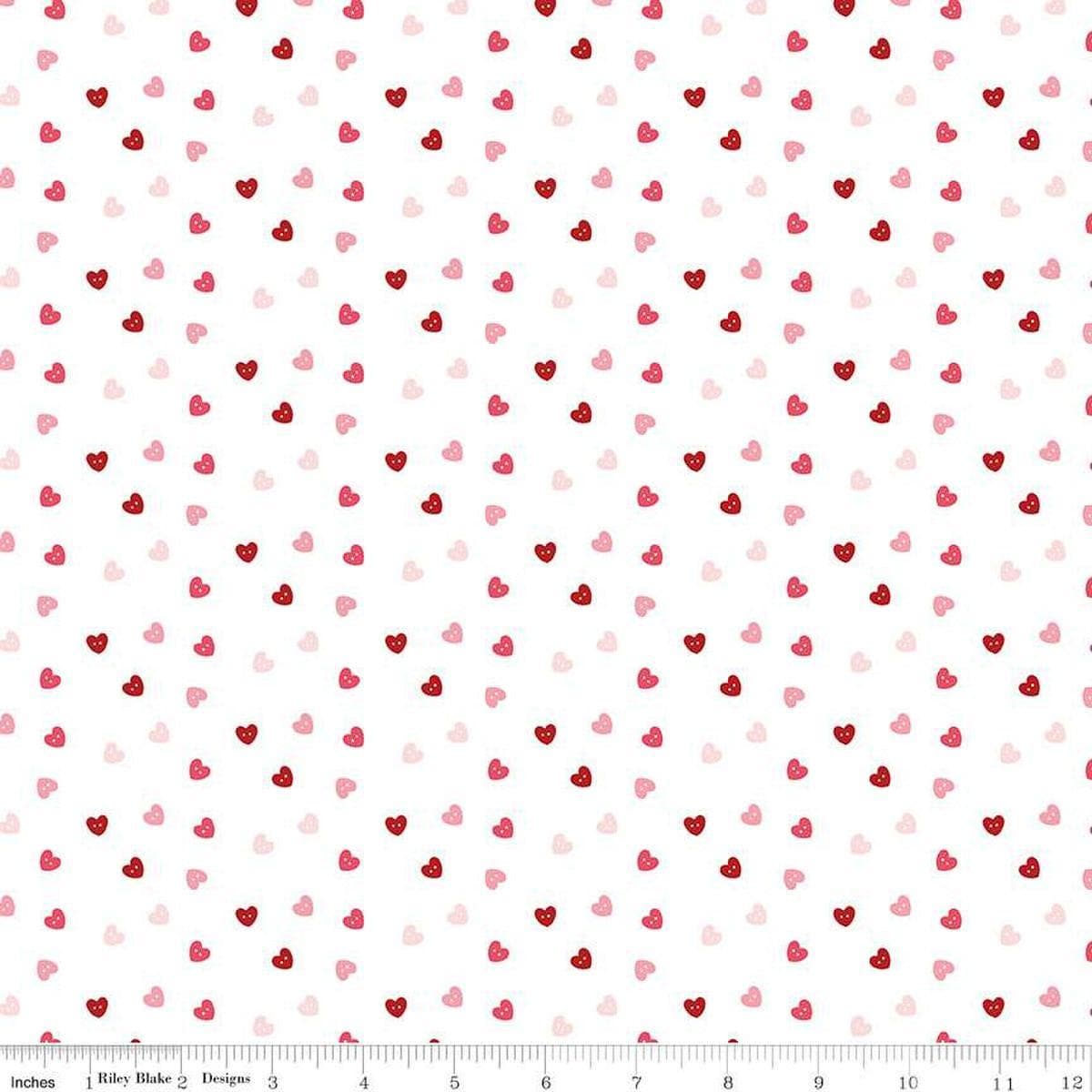 Image of Sew In Love Hearts White quilting cotton fabric by Dan Mogstad for Riley Blake Designs. Features hearts on a white background. Cute Little Fabric Shop