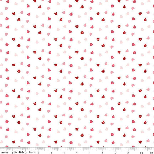 Image of Sew In Love Hearts White quilting cotton fabric by Dan Mogstad for Riley Blake Designs. Features hearts on a white background. Cute Little Fabric Shop