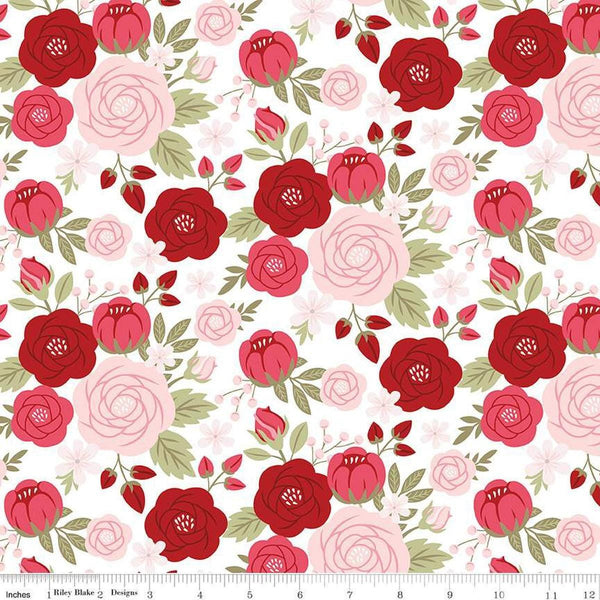 Image of Sew In Love Main White quilting cotton fabric by Dan Mogstad for Riley Blake Designs. Features flowers on a white background. Cute Little Fabric Shop