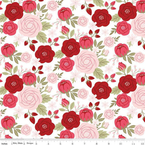 Image of Sew In Love Main White quilting cotton fabric by Dan Mogstad for Riley Blake Designs. Features flowers on a white background. Cute Little Fabric Shop