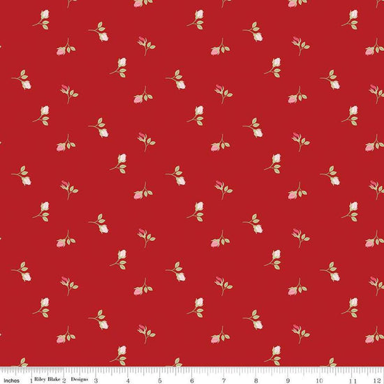 Image of Sew In Love Rosebuds Red quilting cotton fabric by Dan Mogstad for Riley Blake Designs. Features roses on a red background. Cute Little Fabric Shop