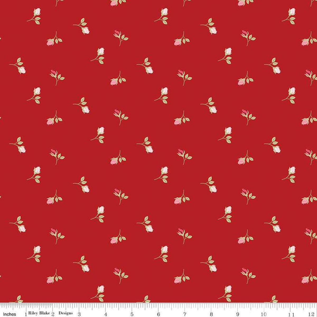 Image of Sew In Love Rosebuds Red quilting cotton fabric by Dan Mogstad for Riley Blake Designs. Features roses on a red background. Cute Little Fabric Shop