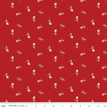 Image of Sew In Love Rosebuds Red quilting cotton fabric by Dan Mogstad for Riley Blake Designs. Features roses on a red background. Cute Little Fabric Shop
