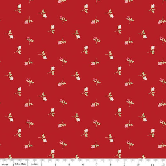 Image of Sew In Love Rosebuds Red quilting cotton fabric by Dan Mogstad for Riley Blake Designs. Features roses on a red background. Cute Little Fabric Shop