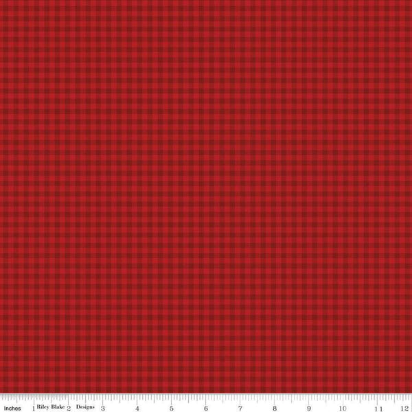 Image of Sew In Love Gingham Red quilting cotton fabric by Dan Mogstad for Riley Blake Designs. Features plaid on a red background. Cute Little Fabric Shop