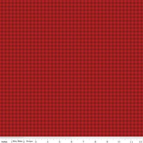 Image of Sew In Love Gingham Red quilting cotton fabric by Dan Mogstad for Riley Blake Designs. Features plaid on a red background. Cute Little Fabric Shop